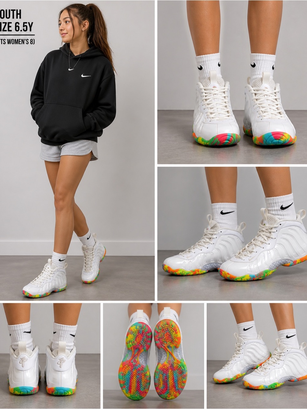 Nike Air Foamposite One Multi Color White Rainbow Sole GS 6.5Y Women’s 8 Approx